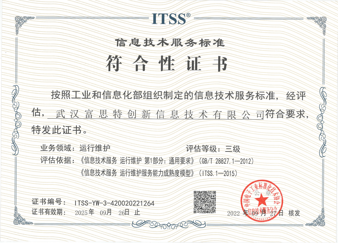 喜報(bào)丨富思特創(chuàng)新榮獲ITSS運(yùn)維服務(wù)能力成熟度符合性證書(shū)，持續(xù)引領(lǐng)武漢信息技術(shù)咨詢服務(wù)新高度